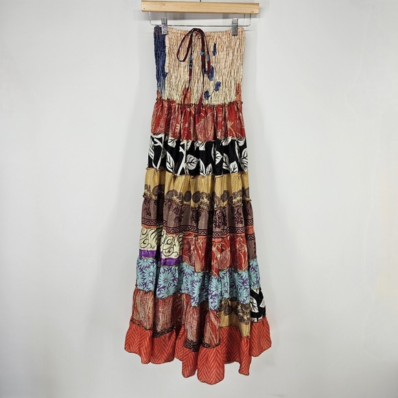 The Unbranded Brand Dresses & Skirts - Maxi Dress Womens Small 100% Silk Patchwork Boho Smocked Tiered Boho Festival